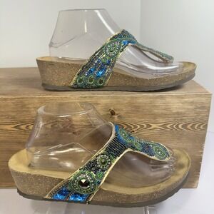 White Mountain Jeweled Thong Sandals W 9 Turquoise Peacock Beaded Cork Wedge